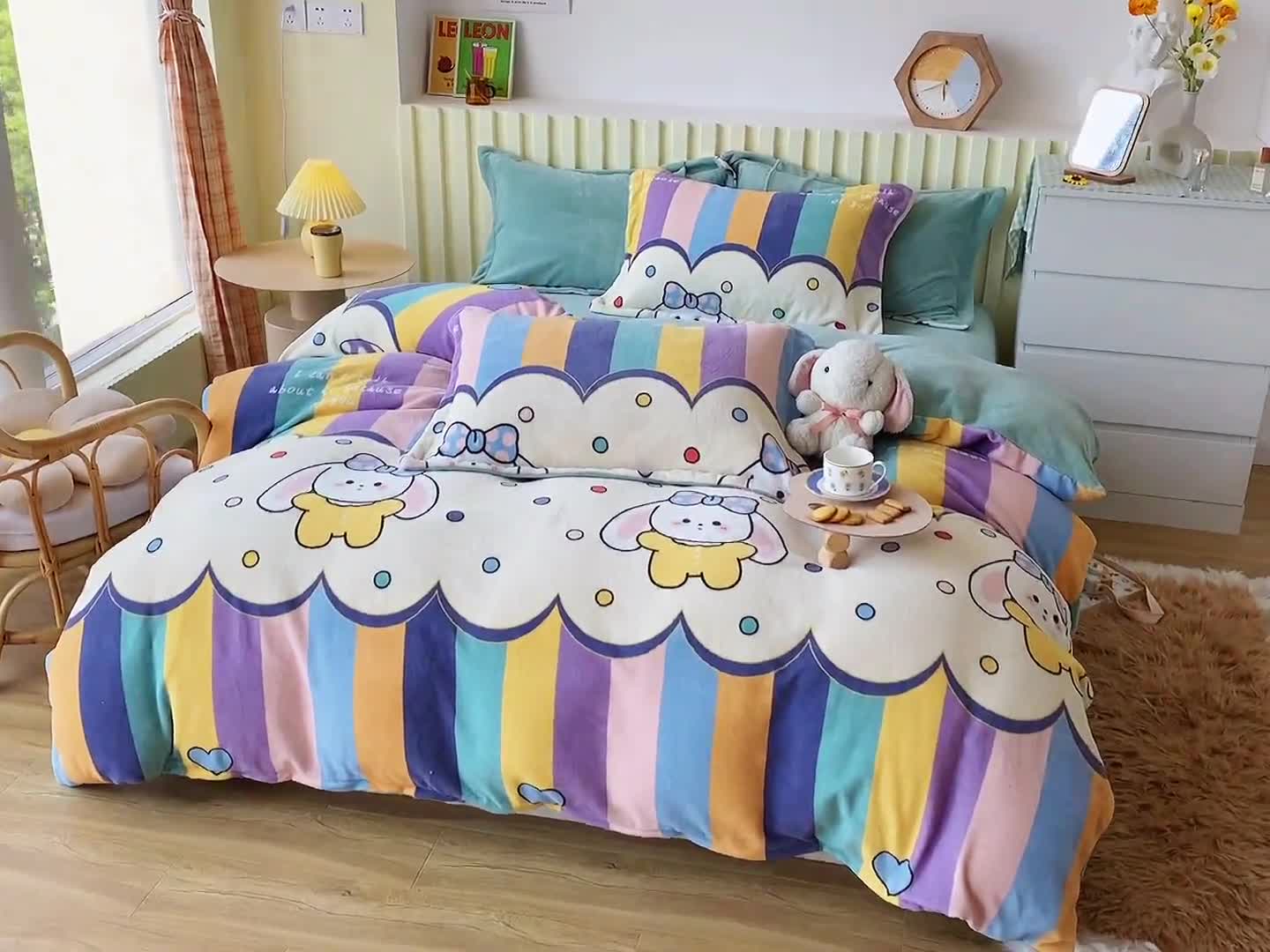 91家纺网 家纺一手货源 找家纺 呗旺鹿2022高克重ykk拉链印花小清新牛奶绒四件套法莱绒直播彩虹兔