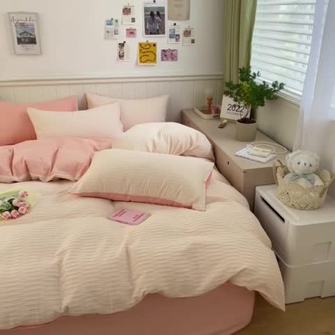 91家纺网 家纺一手货源 找家纺 雅居纺 2022新款全棉13372泡泡纱四件套 泡泡纱苏桃粉