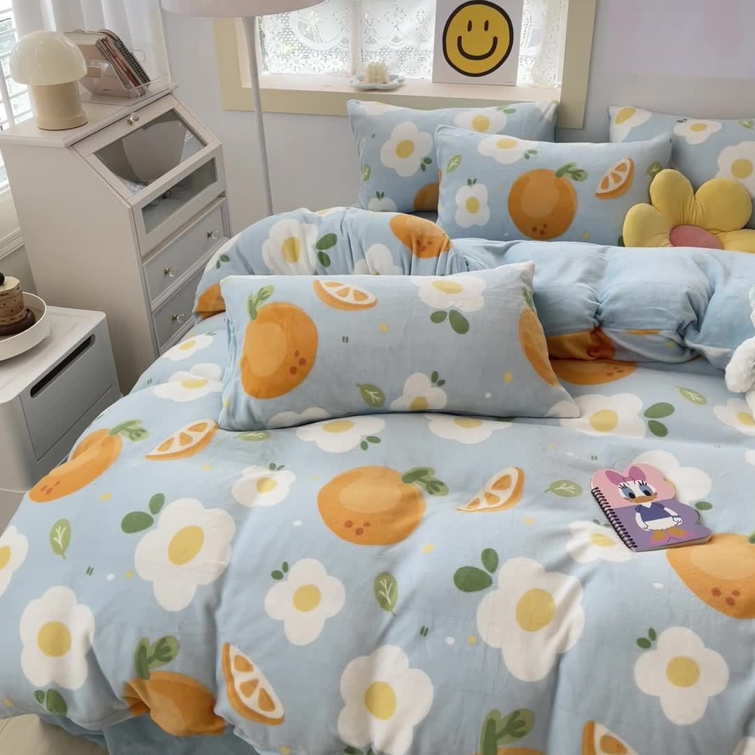 91家纺网 家纺一手货源 找家纺 金爱家 2023新款牛奶绒小清新四件套 大橙橙