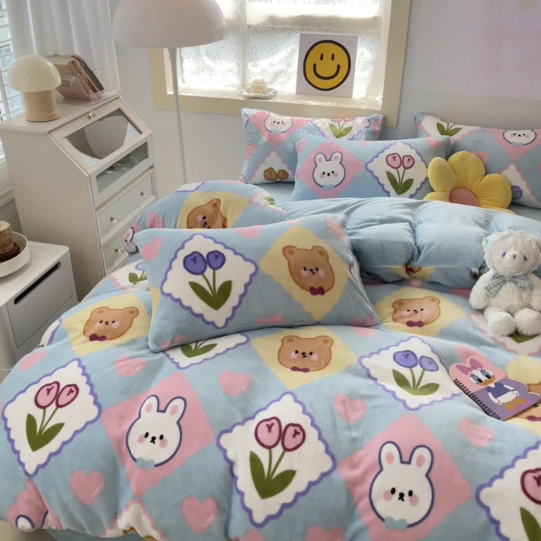 91家纺网 家纺一手货源 找家纺 金爱家 2023新款牛奶绒小清新四件套 朵朵