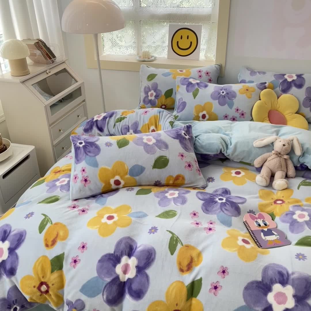 91家纺网 家纺一手货源 找家纺 金爱家 2023新款牛奶绒小清新四件套 花开富贵