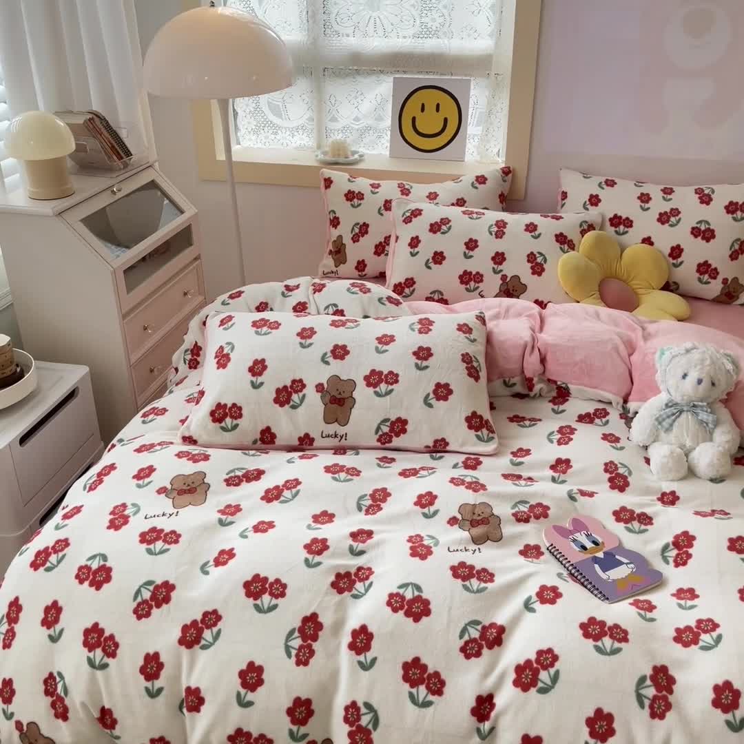 91家纺网 家纺一手货源 找家纺 金爱家 2023新款牛奶绒小清新四件套 花开四季