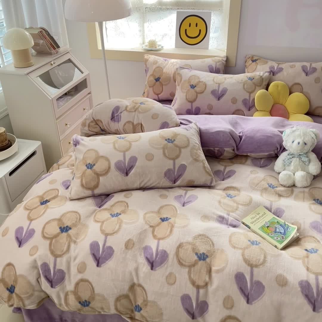 91家纺网 家纺一手货源 找家纺 金爱家 2023新款牛奶绒小清新四件套 花仙子