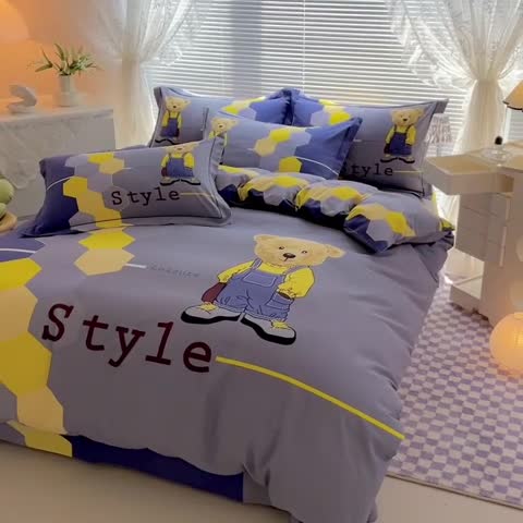 91家纺网 家纺一手货源 找家纺 金爱家 2023新款大版卡通磨毛四件套 快乐时光