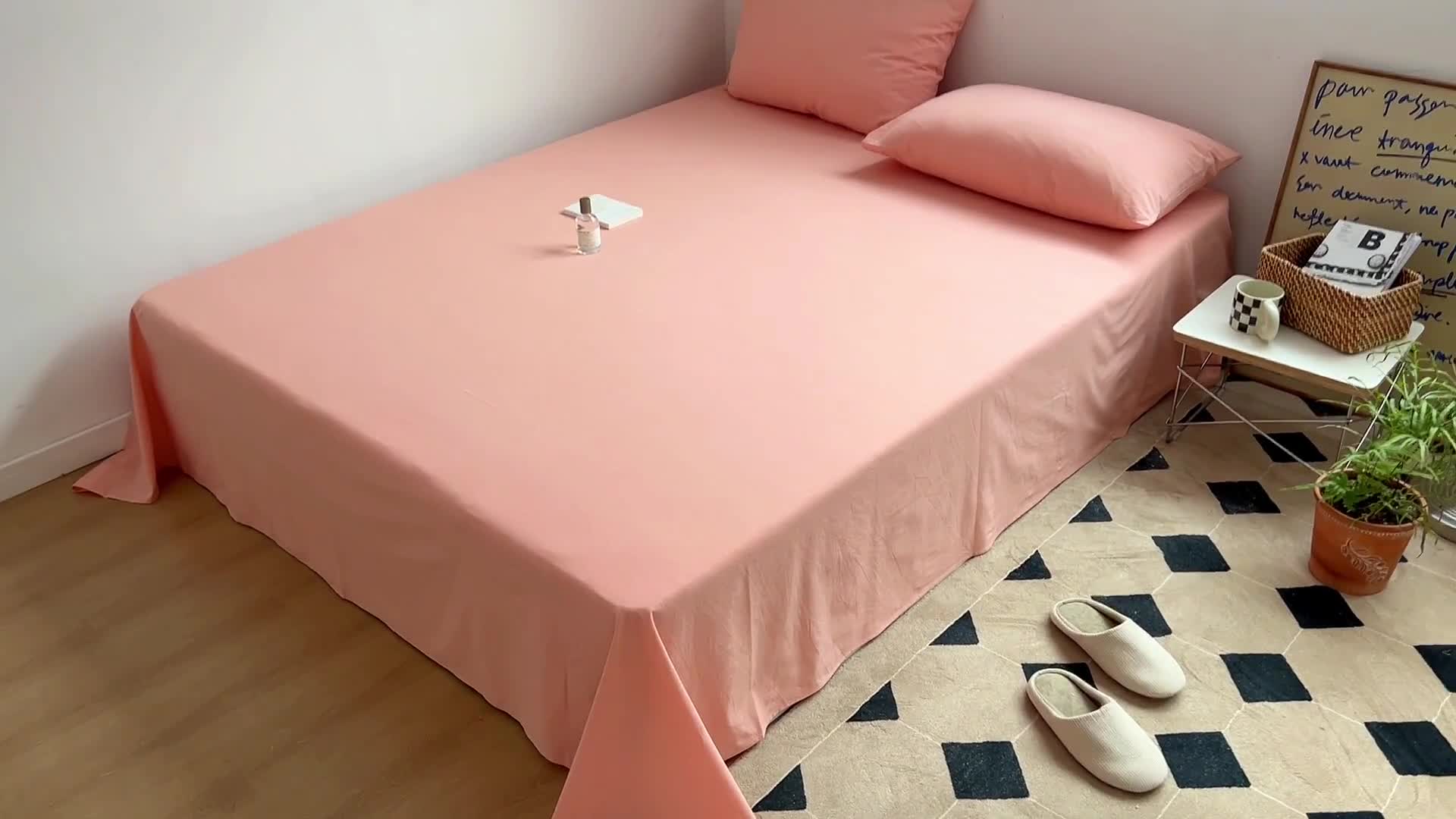 91家纺网 家纺一手货源 找家纺 玖弘家居  2022新款全棉色织水洗棉单品床单系列 纯粉