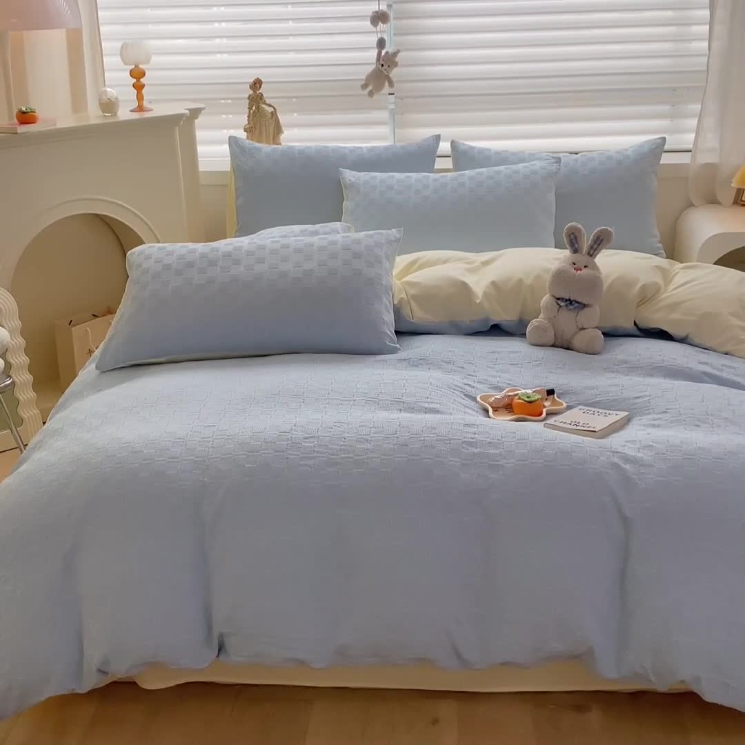 91家纺网 家纺一手货源 找家纺 琪格格2022新款水洗棉华夫格四件套 天空蓝