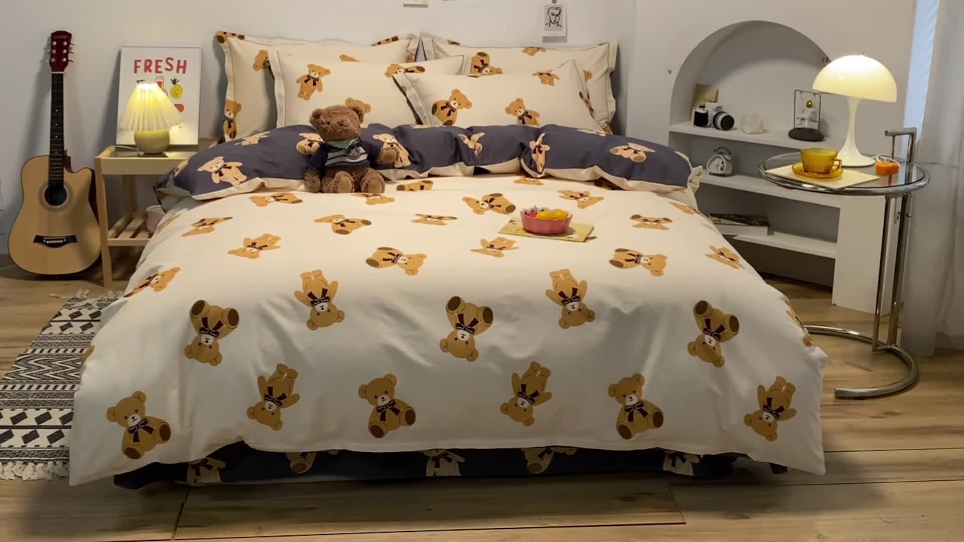 91家纺网 家纺一手货源 找家纺 金爱家 2023新款纯棉生态磨毛小清新四件套 米妮熊-米