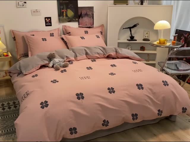 91家纺网 家纺一手货源 找家纺 金爱家 2023新款纯棉生态磨毛小清新四件套 情人草-粉