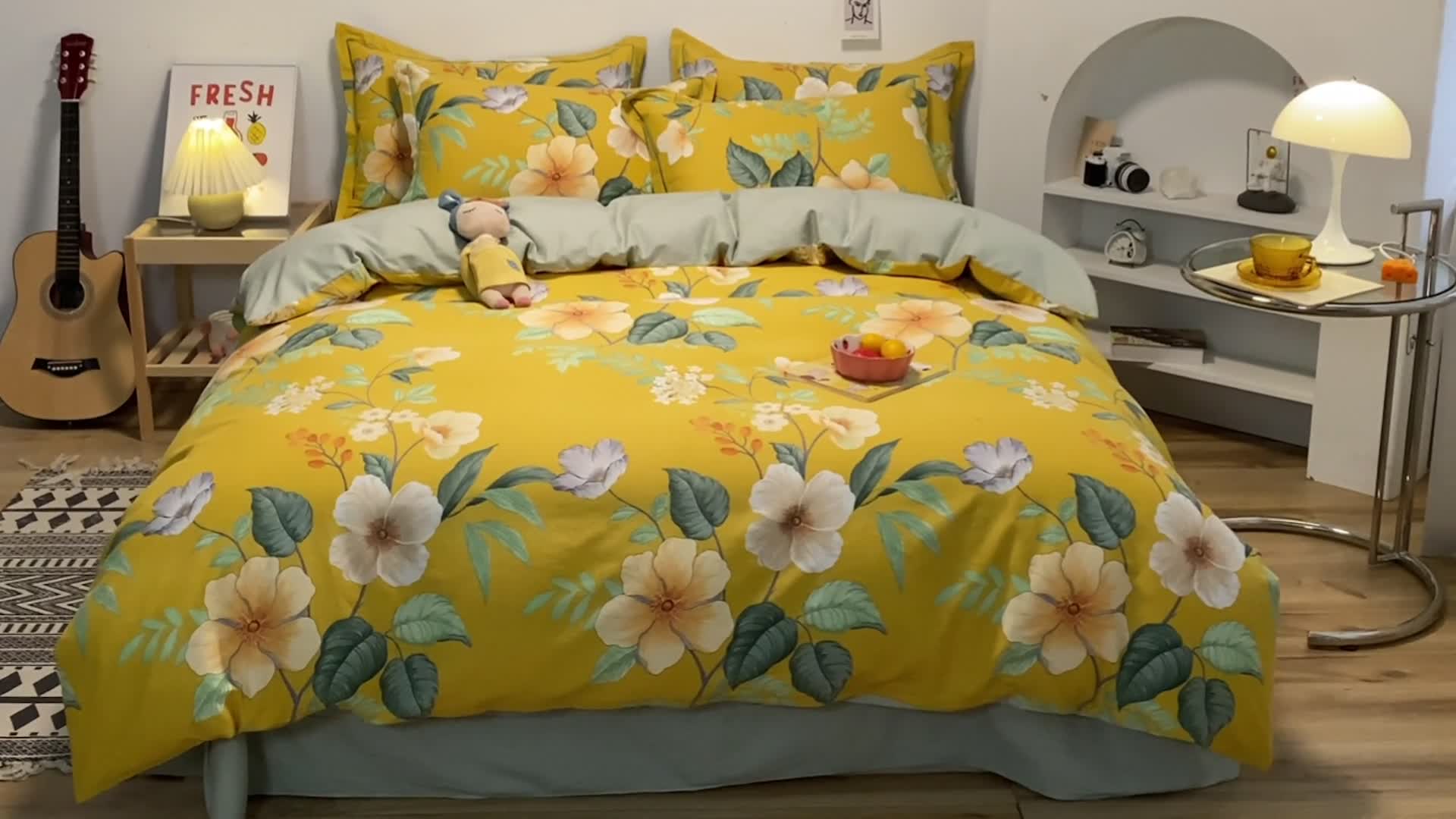 91家纺网 家纺一手货源 找家纺 金爱家 2023新款纯棉生态磨毛小清新四件套 朵朵凝香-黄