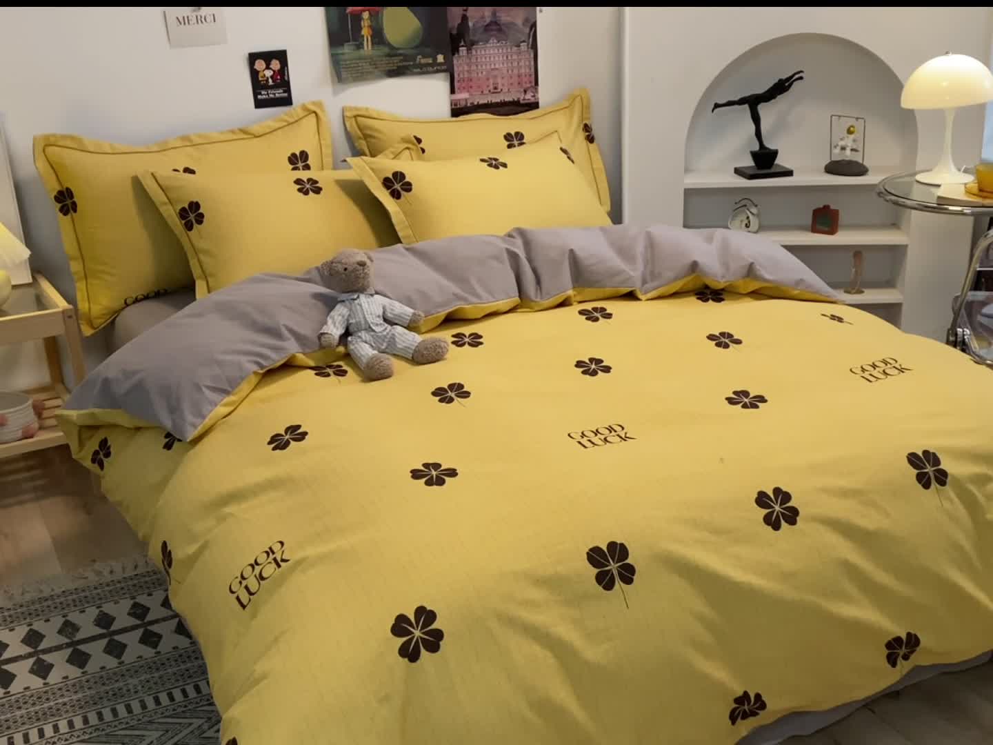 91家纺网 家纺一手货源 找家纺 金爱家 2023新款纯棉生态磨毛小清新四件套 情人草-黄