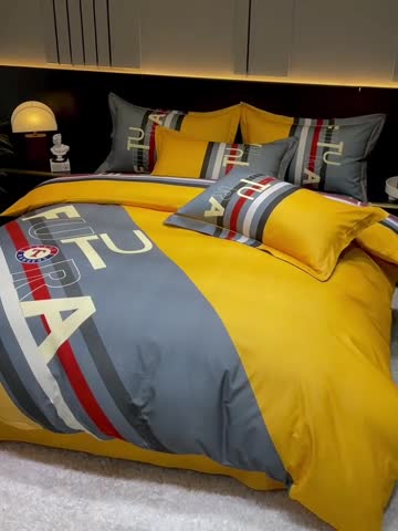 91家纺网 家纺一手货源 找家纺 金爱家 2023新款大阪纯棉生态磨毛条格简约系列四件套 杰罗-桔