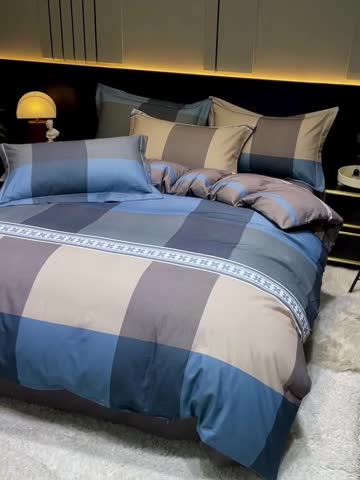 91家纺网 家纺一手货源 找家纺 金爱家 2023新款大阪纯棉生态磨毛条格简约系列四件套 莱伯妮-兰