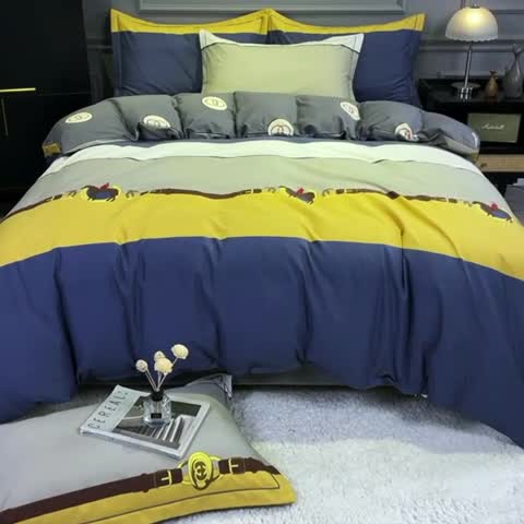 91家纺网 家纺一手货源 找家纺 金爱家 2023新款大阪纯棉生态磨毛条格简约系列四件套 洛卡风情黄