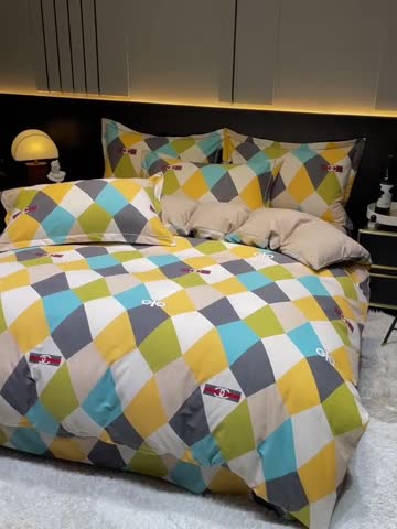 91家纺网 家纺一手货源 找家纺 金爱家 2023新款大阪纯棉生态磨毛条格简约系列四件套 清风吟-兰