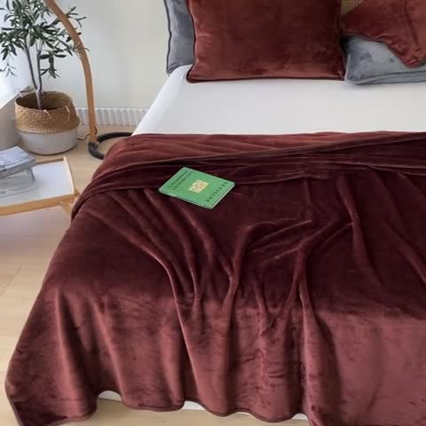 91家纺网 家纺一手货源 找家纺 2025新款320g金貂绒亲肤盖毯加厚纯色珊瑚绒素色法兰绒毯子外贸高端款咖啡