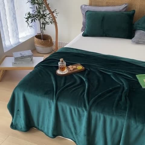 91家纺网 家纺一手货源 找家纺 2025新款320g金貂绒亲肤盖毯加厚纯色珊瑚绒素色法兰绒毯子外贸高端款墨绿