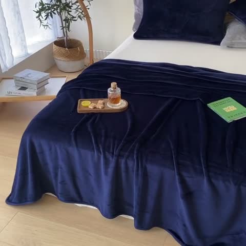 91家纺网 家纺一手货源 找家纺 2025新款320g金貂绒亲肤盖毯加厚纯色珊瑚绒素色法兰绒毯子外贸高端款深蓝