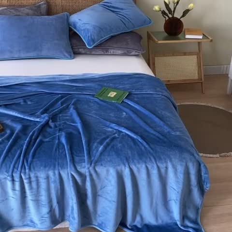 91家纺网 家纺一手货源 找家纺 2025新款320g金貂绒亲肤盖毯加厚纯色珊瑚绒素色法兰绒毯子外贸高端款天蓝