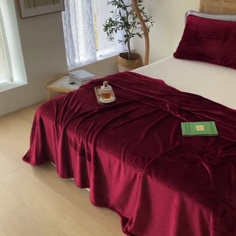 91家纺网 家纺一手货源 找家纺 2025新款320g金貂绒亲肤盖毯加厚纯色珊瑚绒素色法兰绒毯子外贸高端款枣红