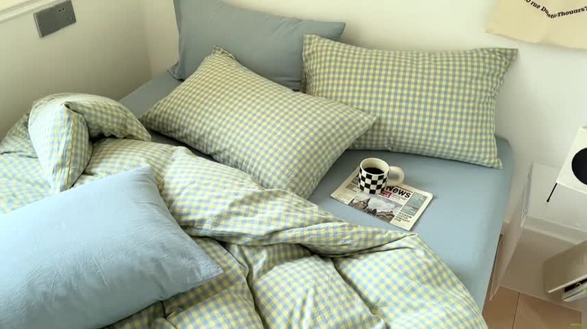 91家纺网 家纺一手货源 找家纺 2022年新款日式简约良品纯棉全棉色织水洗棉四件套兰黄小格