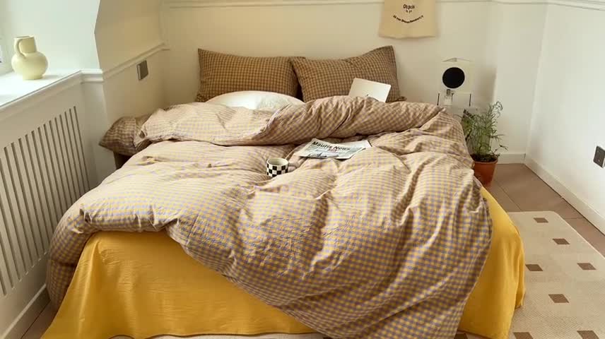 91家纺网 家纺一手货源 找家纺 2022年新款日式简约良品纯棉全棉色织水洗棉四件套紫黄小格