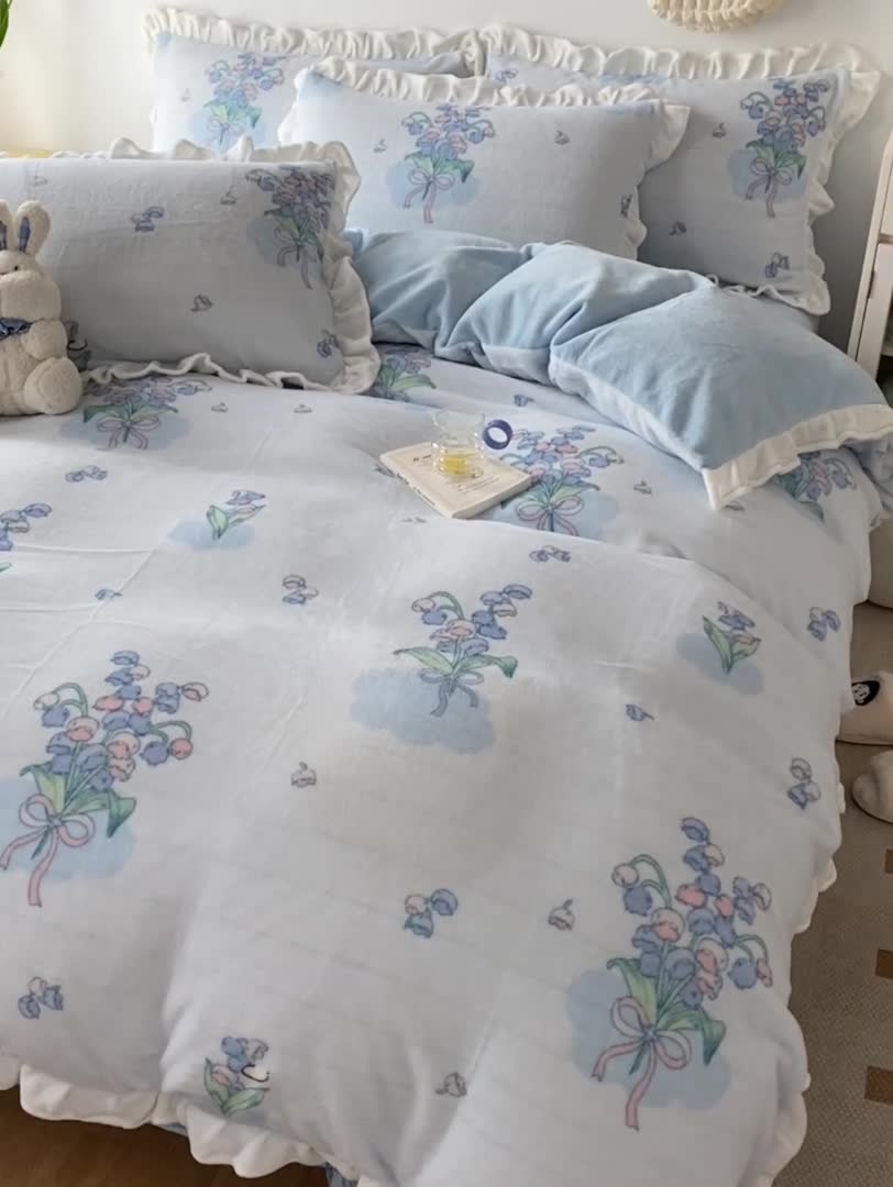 91家纺网 家纺一手货源 找家纺 呗旺鹿2022ykk拉链荷叶边印花牛奶绒四件套法莱绒春日铃兰