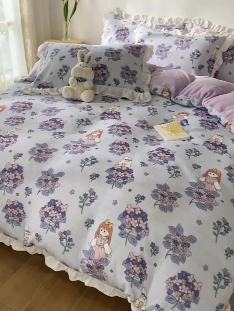 91家纺网 家纺一手货源 找家纺 呗旺鹿2022ykk拉链荷叶边印花牛奶绒四件套法莱绒梦想绽放