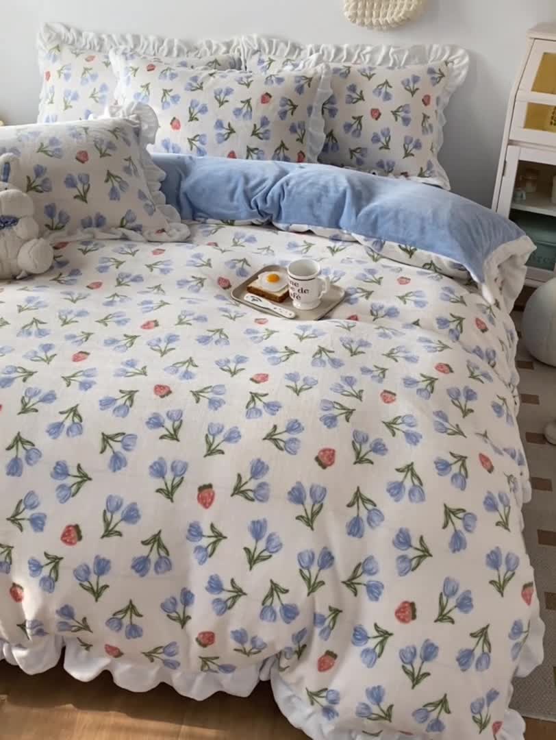 91家纺网 家纺一手货源 找家纺 呗旺鹿2022新ykk拉链荷叶边印花牛奶绒四件套法莱绒 偏爱