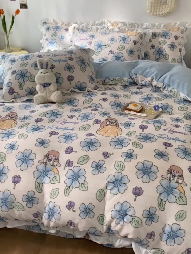 91家纺网 家纺一手货源 找家纺 呗旺鹿2022新ykk拉链荷叶边印花牛奶绒四件套法莱绒 糖宝