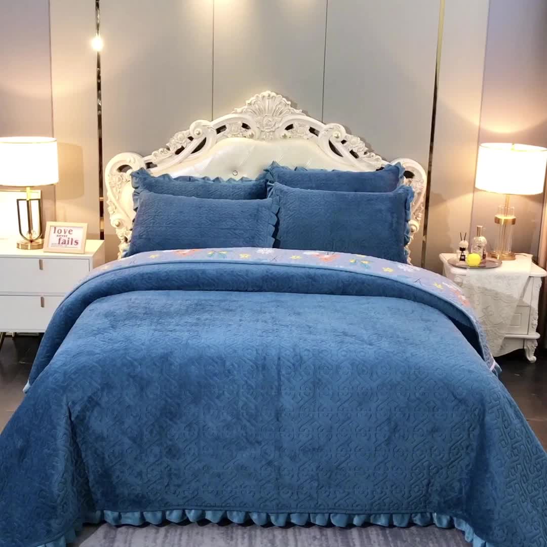 91家纺网 家纺一手货源 找家纺 （总）2024韩版小花边牛奶绒床盖三件套/绗缝夹棉榻榻米垫子