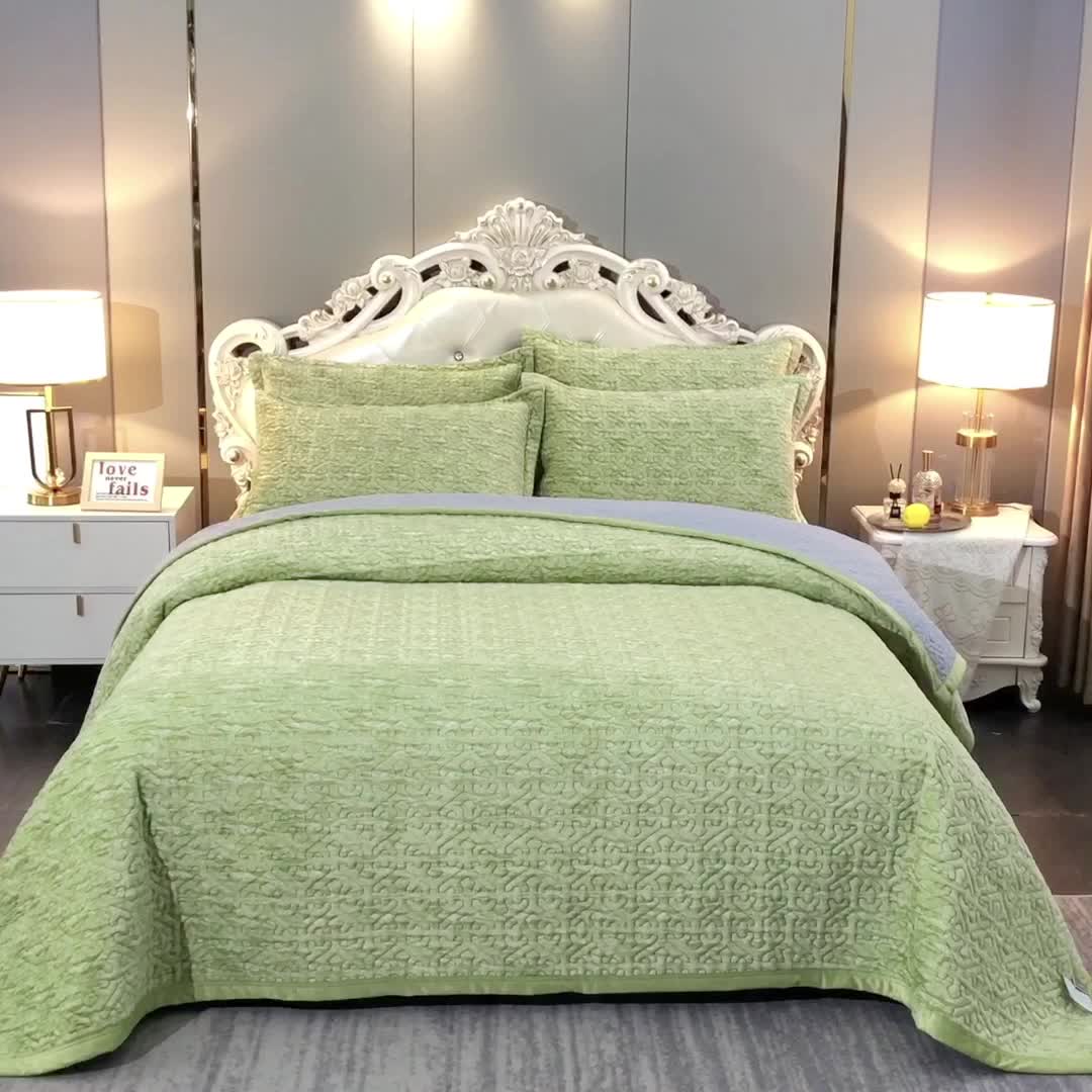 91家纺网 家纺一手货源 找家纺 （总）2024水波纹色织牛奶绒床盖三件套/绗缝夹棉榻榻米垫子