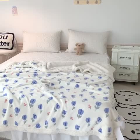 91家纺网 家纺一手货源 找家纺 澳萝拉 2022新款牛奶绒羊羔绒毛毯 郁金香-蓝