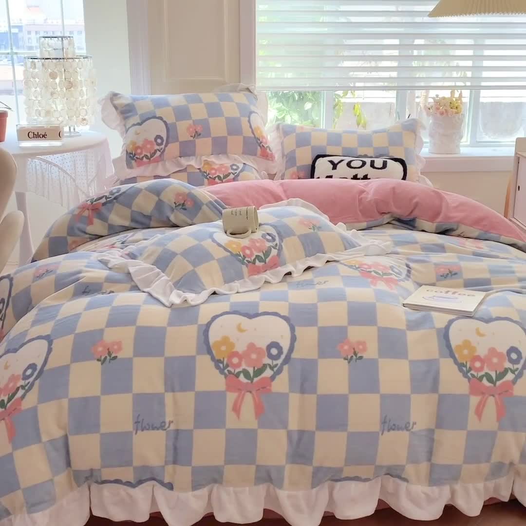 91家纺网 家纺一手货源 找家纺 吾欢心 2024新款韩版加厚花边牛奶绒四件套 格子花