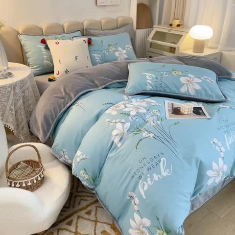 91家纺网 家纺一手货源 找家纺 琪琪阁家纺 2022新款全棉加牛奶绒系列四件套 宁静生活