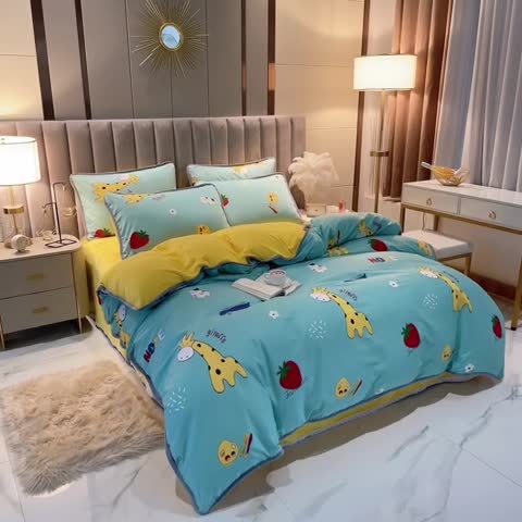 91家纺网 家纺一手货源 找家纺 琪琪阁家纺 2022新款全棉加牛奶绒系列四件套 开心小鹿-绿