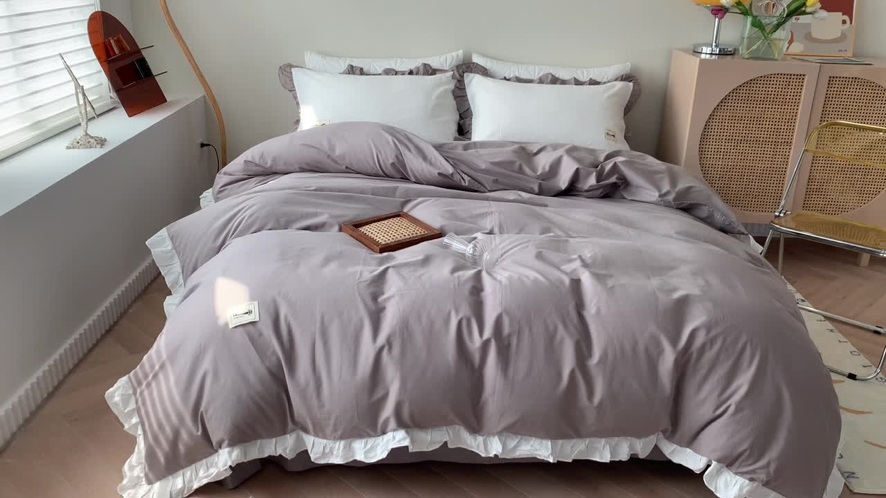 91家纺网 家纺一手货源 找家纺 （总）橙艺家居 2022新款全棉色织水洗花边纯色四件套套件