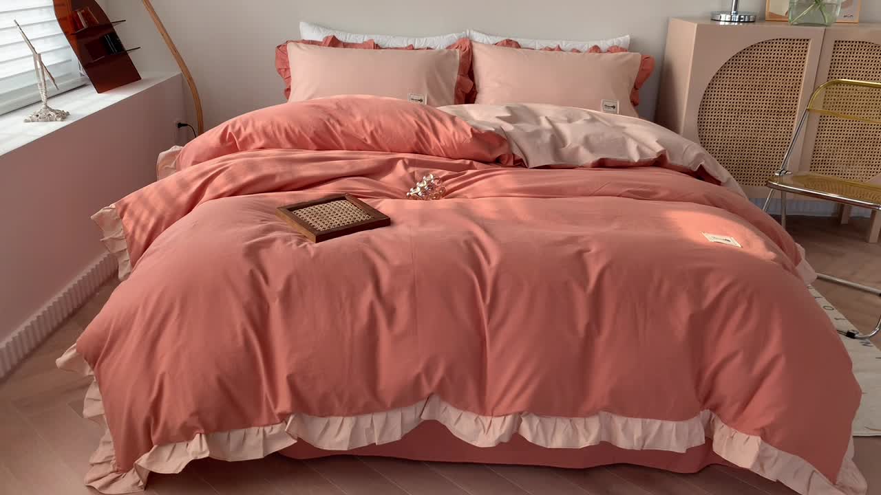 91家纺网 家纺一手货源 找家纺 橙艺家居 2022新款全棉色织水洗花边纯色四件套套件 南瓜橙