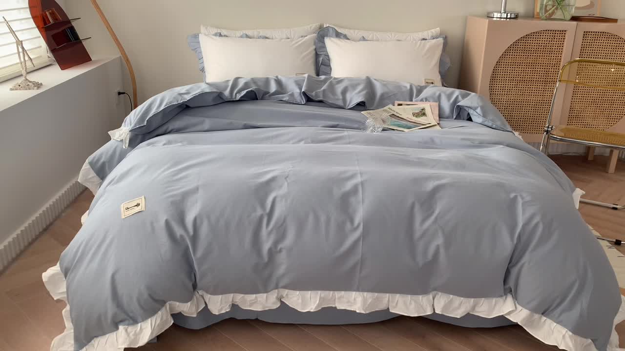 91家纺网 家纺一手货源 找家纺 橙艺家居 2022新款全棉色织水洗花边纯色四件套套件 天真蓝