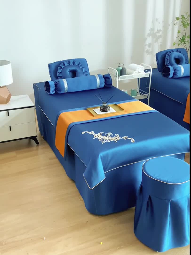 91家纺网 家纺一手货源 找家纺 莉人坊美容床罩批发 2023绸缎角花美容床罩四件套 角花宝蓝