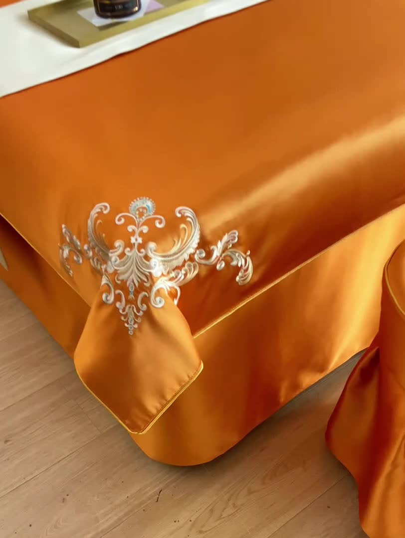 91家纺网 家纺一手货源 找家纺 莉人坊美容床罩批发 2023绸缎角花美容床罩四件套 角花橙