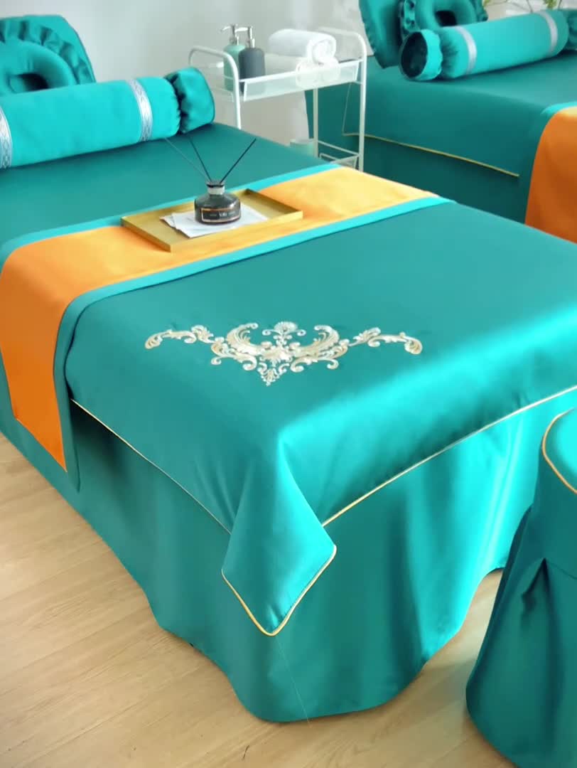 91家纺网 家纺一手货源 找家纺 莉人坊美容床罩批发 2023绸缎角花美容床罩四件套 角花黛绿