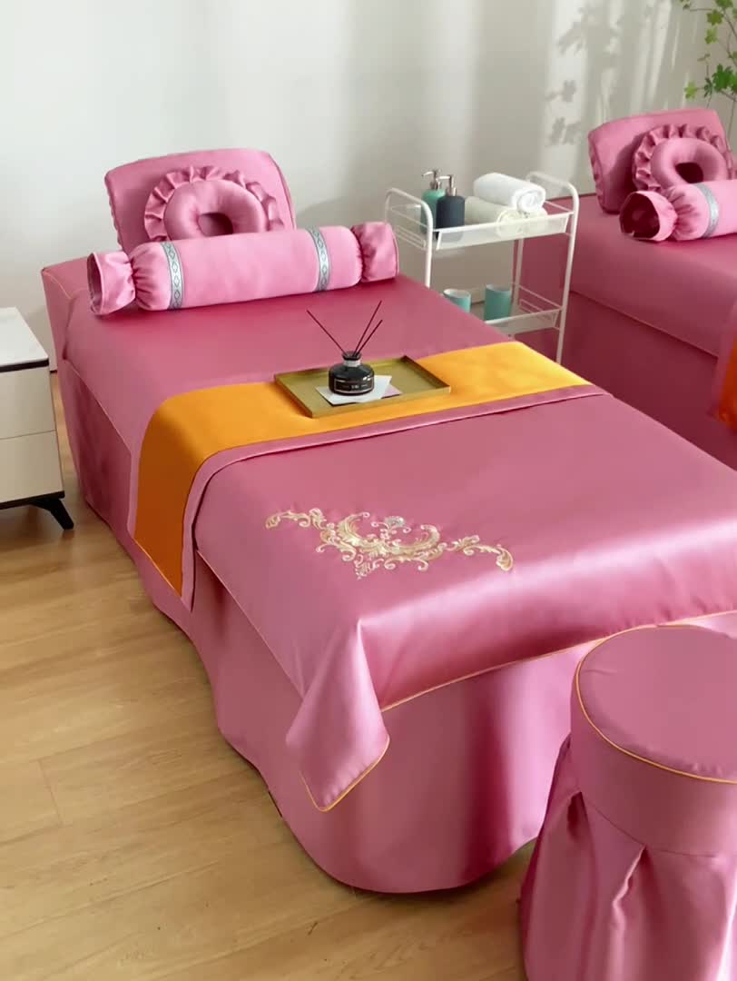 91家纺网 家纺一手货源 找家纺 莉人坊美容床罩批发 2023绸缎角花美容床罩四件套 角花花语红