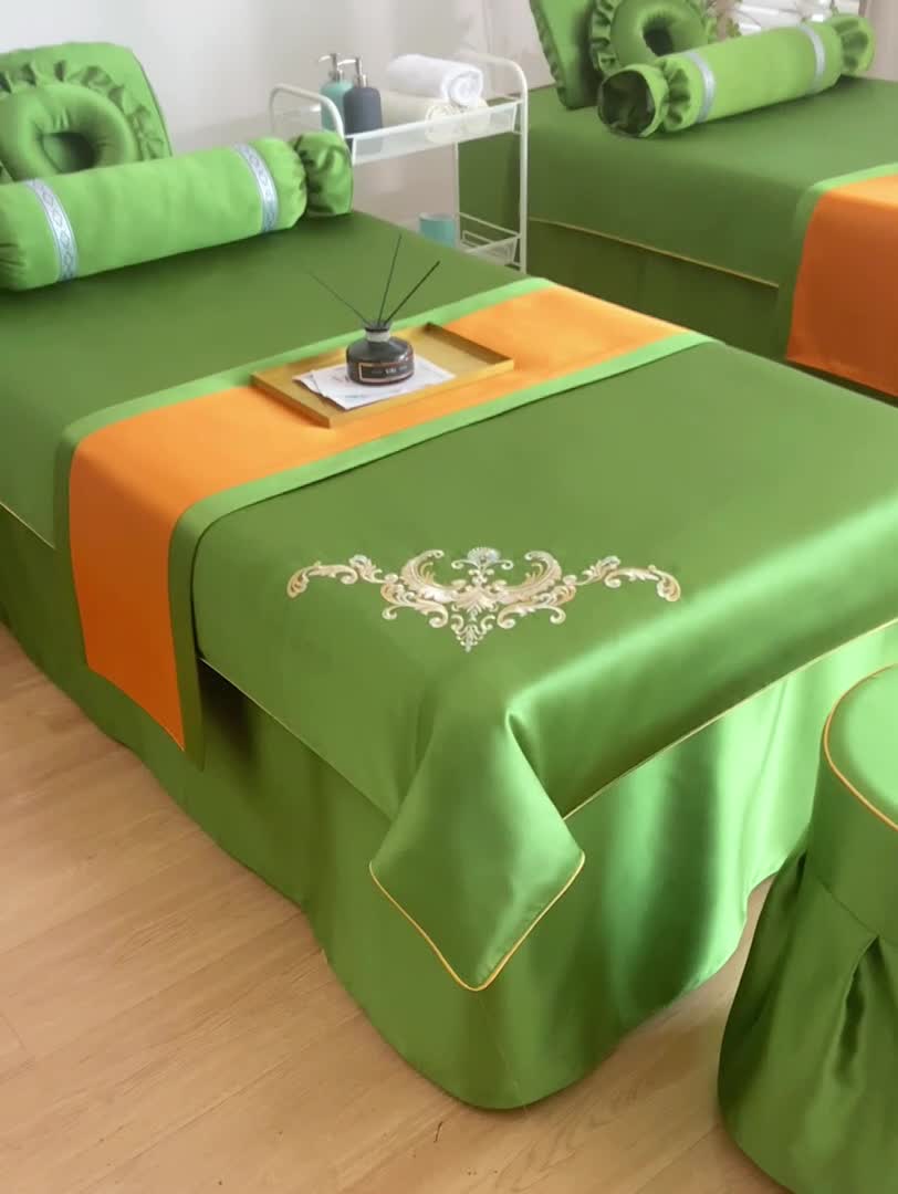 91家纺网 家纺一手货源 找家纺 莉人坊美容床罩批发 2023绸缎角花美容床罩四件套 角花绿野