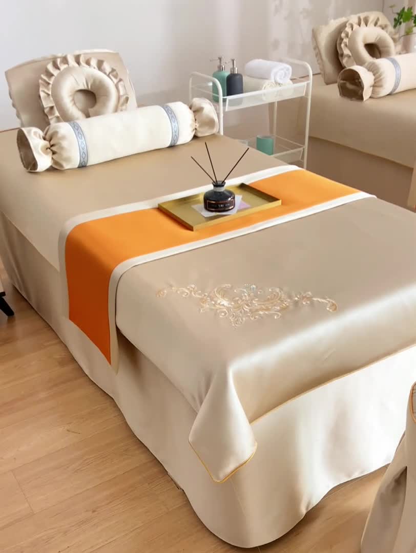 91家纺网 家纺一手货源 找家纺 莉人坊美容床罩批发 2023绸缎角花美容床罩四件套 角花米黄