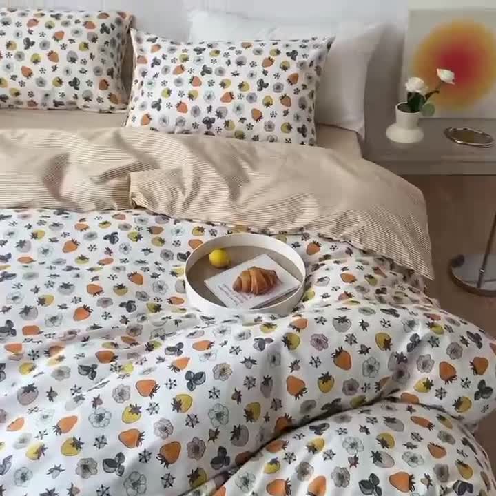 91家纺网 家纺一手货源 找家纺 梦家居 2022新款小清新系列全棉四件套 草莓物语