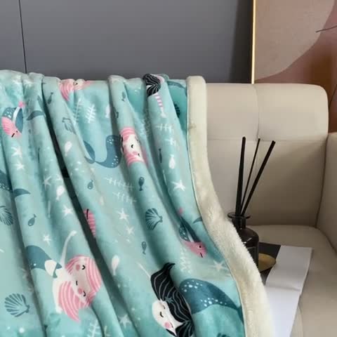 91家纺网 家纺一手货源 找家纺 来菲毛毯2025新款北极绒复合毯加收双层羊羔绒印花毯子美人鱼