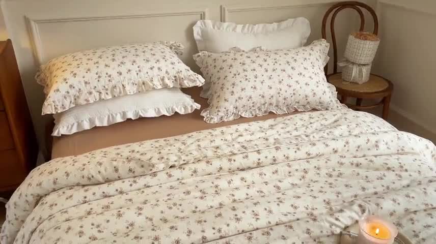 91家纺网 家纺一手货源 找家纺 淑女公社家纺2022新款纯棉双层纱花边款四件套 法兰西玫瑰