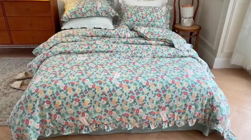 91家纺网 家纺一手货源 找家纺 淑女公社家纺2022新款纯棉双层纱花边款四件套 牵牛花