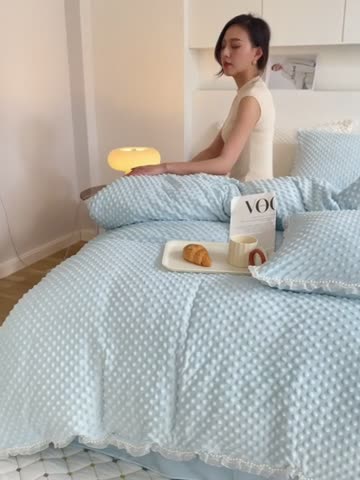 91家纺网 家纺一手货源 找家纺 玛奇朵 2022升级版A类豆豆绒梦露系列四件套 梦露-婴儿蓝