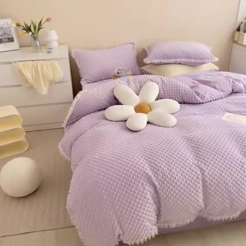 91家纺网 家纺一手货源 找家纺 玛奇朵 2022升级版A类豆豆绒梦露系列四件套 梦露-丁香紫